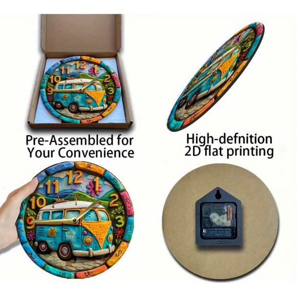 Retro Boho 60's Bus Van Clock 8"x 8" - Picture 8 of 10